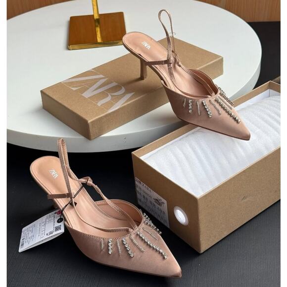 ZARA BLOGGER FAVE!!! Rhinestone Embellished Slingback Heels NWT 🤎 - Picture 8 of 16